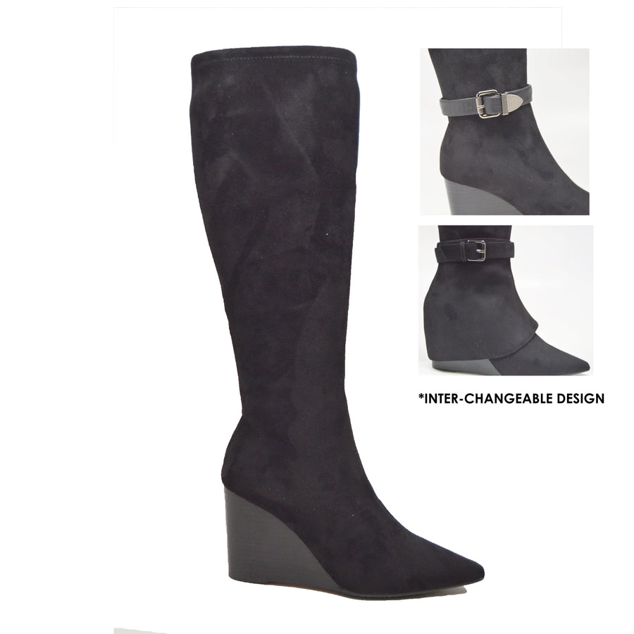 Paris2- Faux Suede Wedge Boot: 3-in-1 Wedge Dress Boot: Stylish Versatility at Its Best
